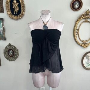 vintage Y2k Entry Black Sheer Mesh Strapless Ruched Babydoll Top Large